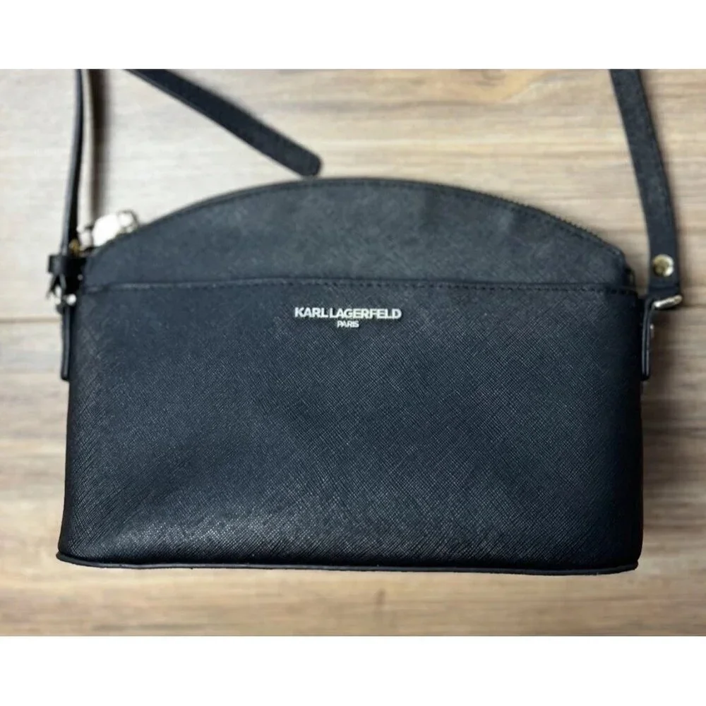 Karl Lagerfeld Black Saffiano Faux Leather Crossbody Sling Camera Bag Women’s